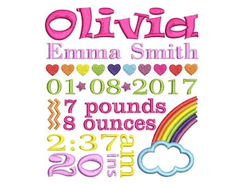 Rainbow Girl Baby Birth Announcement TEMPLATE Embroidery Design - Newborn Subway Art - Girl Birthday - INSTANT DOWNLOAD 4x4 5x7 6x10