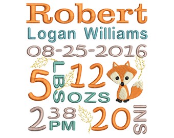 Fox Birth Announcement Machine Embroidery Design - Baby embroidery - Baby boy embroidery, EMAIL DELIVERY 0-48 hour - NOT instant download