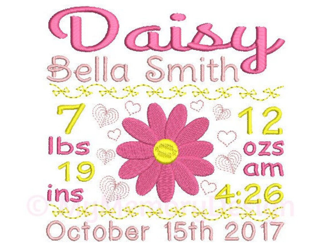 Flower Birth Announcement Embroidery Design Birth Template Etsy