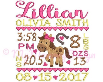 Girl Horse Birth Announcement Embroidery Design - Baby Subway Art Machine Embroidery File - EMAIL DELIVERY 0-48 hour - NOT instant downlaod