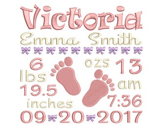 Baby Announcement Embroidery Design - Custom Birth Stats Machine Embroidery File - EMAIL DELIVERY 0-48 hour NOT instant download