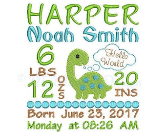 Dinosaur Birth announcement embroidery design - Birth template machine embroidery Baby design - INSTANT DOWNLOAD 4x4 5x7 6x10 sizes