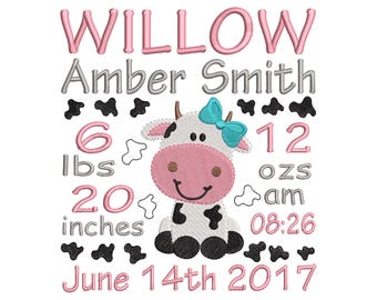Girl Cow announcement embroidery design - Birth template machine embroidery baby design - INSTANT DOWNLOAD 4x4 5x7 6x10 sizes