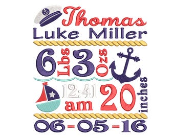 Baby Nautical Birth Announcement Custom Embroidery Design - Newborn embroidery design -  EMAIL DELIVERY 0-48 hour - NOT instant download