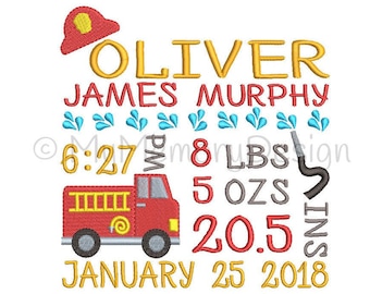 Baby embroidery design, Birth announcement embroidery,  machine embroidery, Fireman embroidery , Baby boy embroidery - Fire truck embroidery