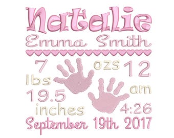 Birth announcement embroidery design, Baby Hand Machine Embroidery Design, Instant Download, 3 sizes, am-pm