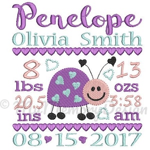 Ladybug  birth announcement embroidery design - Birth template machine embroidery pattern Birth stats - INSTANT DOWNLOAD 4x4 5x7 6x10 sizes