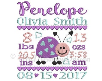 Ladybug  birth announcement embroidery design - Birth template machine embroidery pattern Birth stats - INSTANT DOWNLOAD 4x4 5x7 6x10 sizes