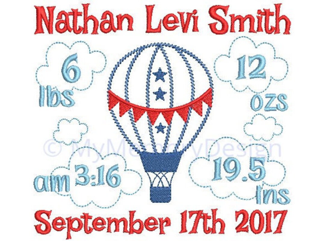 Hot Air Balloon Birth Announcement Embroidery Design - Subway Art ...