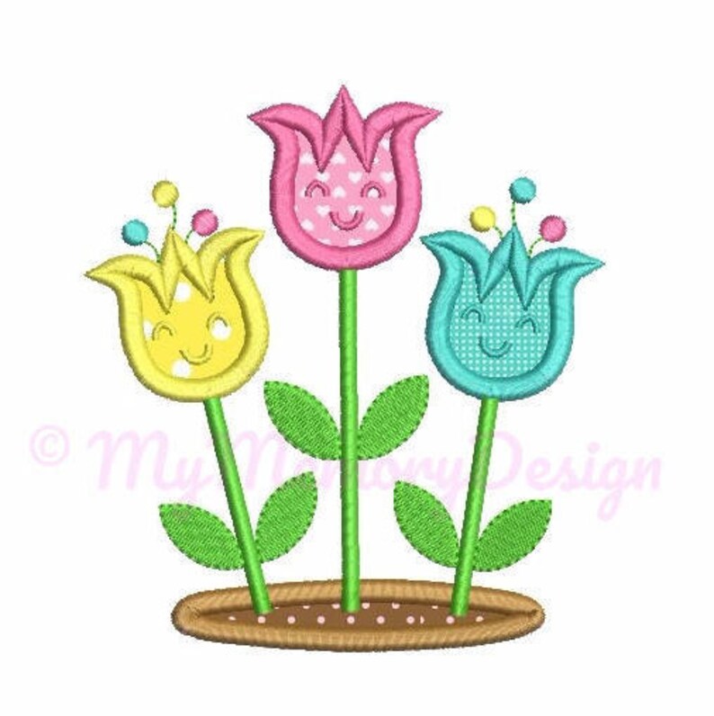 May include: Embroidered design of three smiling tulips in a pot. The tulips are pink, yellow, and blue with white polka dots. The pot is brown with white polka dots.