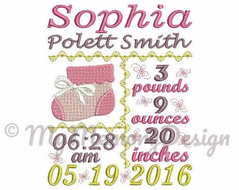 Embroidery design - Baby Birth Announcement Design - Baby stats embroidery - EMAIL DELIVERY 0-48 hour - NOT instant download
