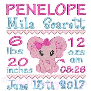 Elephant Birth Announcement Embroidery Design - Baby Subway Art Machine Embroidery File - EMAIL DELIVERY 0-48 hour - NOT instant download