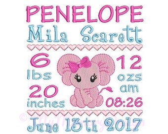 Elephant Birth Announcement Embroidery Design - Baby Subway Art Machine Embroidery File - EMAIL DELIVERY 0-48 hour - NOT instant download