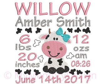 Girl Cow announcement embroidery design - Birth template machine embroidery baby design - INSTANT DOWNLOAD 4x4 5x7 6x10 sizes