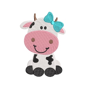 Diseño de bordado de vaca para niña, diseño de bordado de animales de granja, diseño de bordado a máquina, descarga instantánea, 6 tamaños