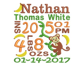 Personalized Monkey Birth Announcement Embroidery Filled Stitch Design - Newborn embroidery - Baby embroidery - CUSTOM MADE - 4x4 5x7 6x10