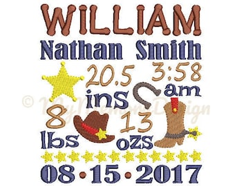 Cowboy Birth Announcement Embroidery Design - Baby Boy Subway Art Machine Embroidery File - EMAIL DELIVERY 0-48 hour - NOT instant downlaod