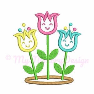 May include: Three smiling cartoon tulips in a brown pot. The tulips are yellow, pink, and blue.