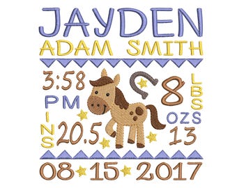 Boy Horse Birth Announcement Embroidery Design - Baby Subway Art Machine Embroidery File - EMAIL DELIVERY 0-48 hour - NOT instant downlaod