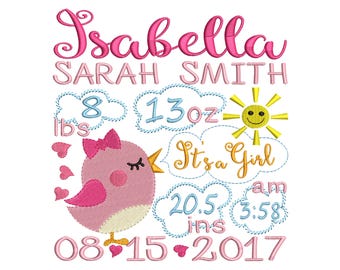 Bird Birth announcement embroidery design - Birth template machine embroidery baby design - INSTANT DOWNLOAD 4x4 5x7 6x10 sizes