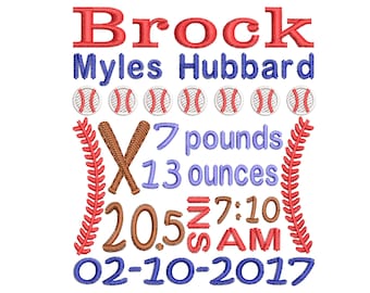 Newborn baby birth announcement embroidery - Subway art embroidery - Baseball embroidery - Machine embroidery INSTANT DOWNLOAD 4x4 5x7 6x10