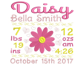 Flower Birth announcement embroidery design - Birth template machine embroidery Baby girl design - INSTANT DOWNLOAD 4x4 5x7 6x10 sizes