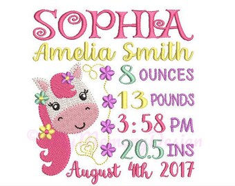 Pony birth announcement embroidery design - Birth template machine embroidery pattern Birth stats - INSTANT DOWNLOAD 4x4 5x7 6x10 sizes