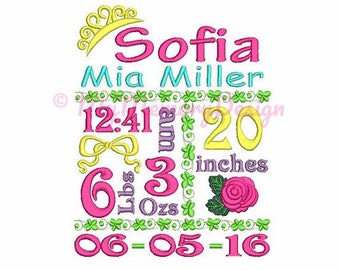 Princess Baby Birth Template Announcement Machine Embroidery Design - Newborn baby embroidery - Digital Download - 4X4 5X7 6X10 size -