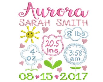 Baby Girl Birth Announcement Embroidery Design - Flower Machine Embroidery File, Birth stats - INSTANT DOWNLOAD 4x4 5x7 6x10 sizes