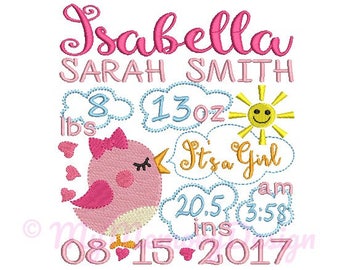 Bird embroidery design, Baby Embroidery Design, Birth Announcement Embroidery Design , Machine Embroidery Design - EMAIL DELIVERY