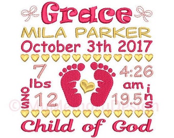 Birth announcement TEMPLATE embroidery design - Birth stats machine embroidery Baby girl design - INSTANT DOWNLOAD 4x4 5x7 6x10 sizes