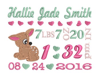 Baby Birth Template Announcement Embroidery Design instant download pes file boy baby girl baby roe deer  bambi