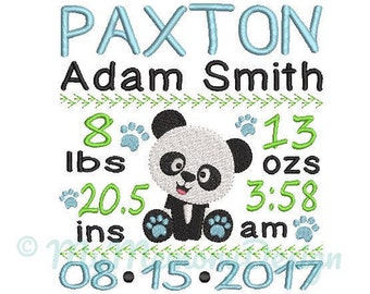 Panda Birth Announcement Embroidery Design - Baby Subway Art Machine Embroidery File - EMAIL DELIVERY 0-48 hour - NOT instant downlaod