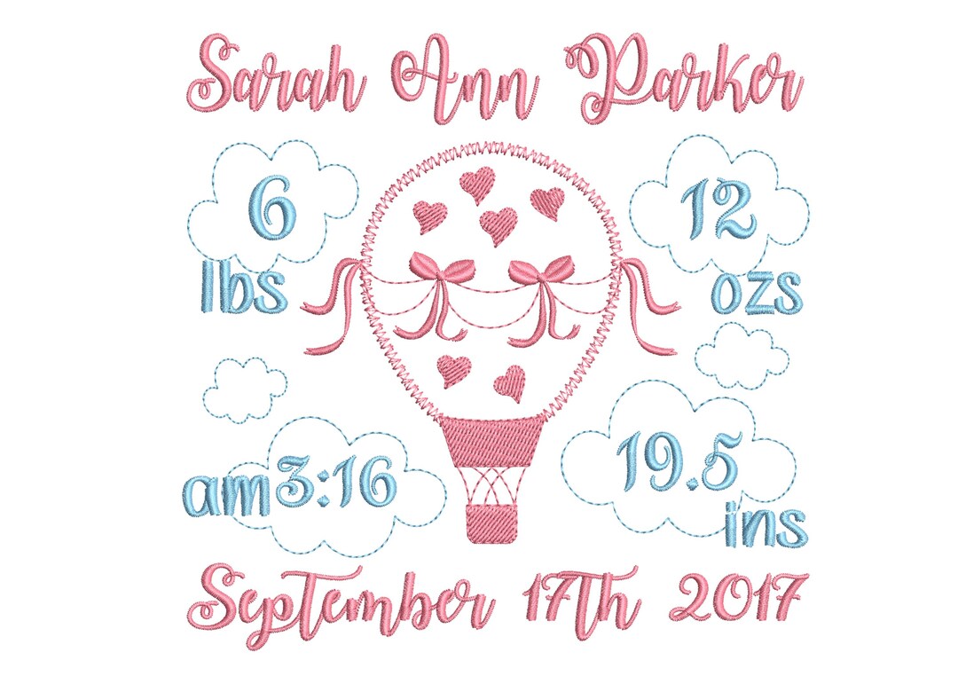 Hot Air Balloon Birth Announcement Embroidery Design - Subway Art ...