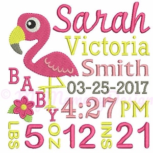 Flamingo embroidery, Baby embroidery, Birth announcement embroidery, Birth template , Machine embroidery design, INSTANT DOWNLOAD, 3 sizes