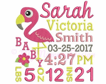 Flamingo embroidery, Baby embroidery, Birth announcement embroidery, Birth template , Machine embroidery design, INSTANT DOWNLOAD, 3 sizes