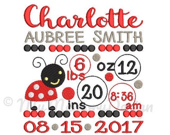 Embroidery Birth Announcement - Ladybug Machine EmbroideryEmbroidery - Digital File Design - EMAIL DELIVERY 0-48 hour - NOT instant downlaod