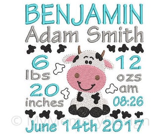 Boy Cow announcement embroidery design - Birth template machine embroidery baby design - INSTANT DOWNLOAD 4x4 5x7 6x10 sizes