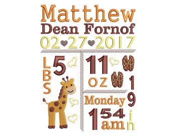 Custom Digitizing Birth Announcement Embroidery Pattern - Giraffe Birth stats embroidery - EMAIL DELIVERY 0-48 hour - NOT instant download