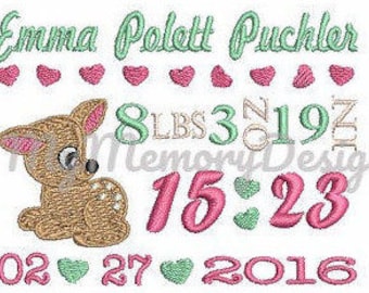 Baby Birth Template Announcement Embroidery Design instant download pes file boy baby girl baby roe deer  bambi