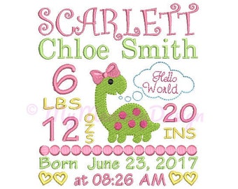 Dinosaur birth announcement embroidery design - Birth template machine embroidery - Baby gil design - INSTANT DOWNLOAD 4x4 5x7 6x10 sizes