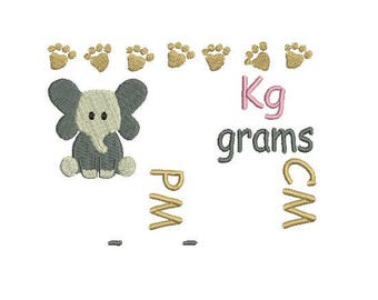 Baby Elephant Birth announcement template with kg grams cm and AM/PM - instant digital download - 4x4 5x7 hoop sizes