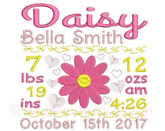 Girl Birth Announcement Embroidery Design - Custom Birth Stats Machine Embroidery File - EMAIL DELIVERY 0-48 hour - NOT instant download