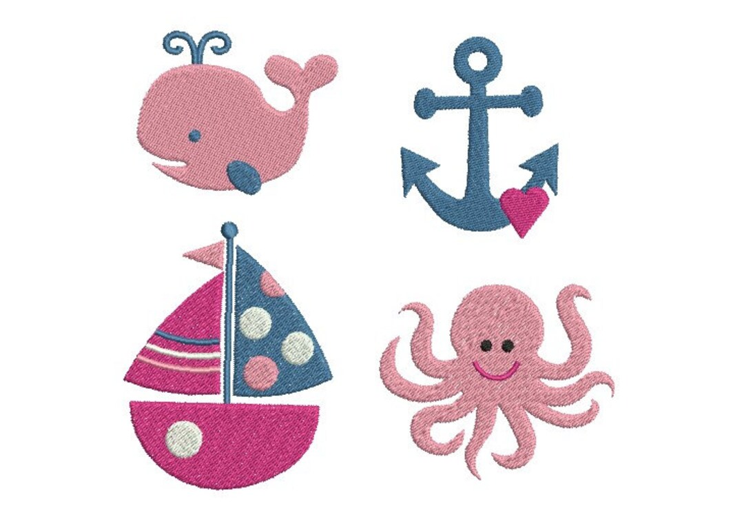 Nautical Embroidery Design SET of 4 Sailboat Anchor Whale Octopus