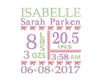 Birth announcement embroidery design - Baby girl embroidery, Birthday embroidery, Birth template embroidery- INSTANT DOWNLOAD 4x4 5x7 6x10