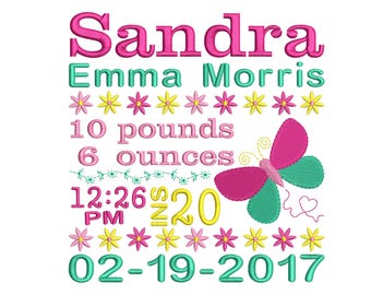 Personalized Girl Birth Announcement Embroidery with flowers and butterfly - EMAIL DELIVERY 0-48 hour - NOT instant download