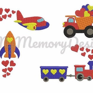 May include: Four embroidered designs featuring a red aeroplane, a rocket, a dumper truck, and a train, each with hearts coming out of them.
