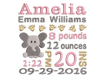 Elephant Personalized Digitizing Birth Announcement Subway Art Embroidery Machine Design - EMAIL DELIVERY 0-48 hour - NOT instant downlaod