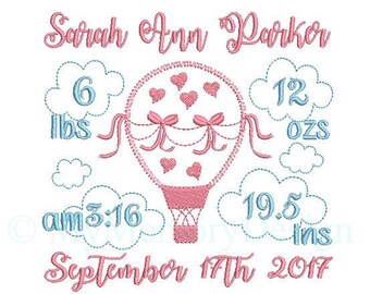 Hot balloon birth announcement embroidery design - Birth template machine embroidery baby design - INSTANT DOWNLOAD 4x4 5x7 6x10 sizes