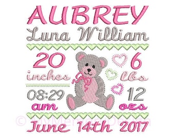 Baby bear  Birth Announcement Embroidery Design, Personalized embroidery design,  Machine Embroidery - EMAIL DELIVERY , NOT instant downlaod